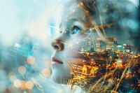 Double exposure portrait of young Asian woman merged with night cityscape, glowing bokeh lights create dreamy atmosphere. Artistic photography for modern design.