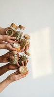 Multiple hands holding glass jars filled with dried herbs and spices with wooden cork lids against neutral background for natural wellness products.