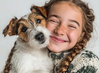Joyful young girl with freckles and curly hair embracing her wire fox terrier puppy against light background, showcasing bond between child and pet.
