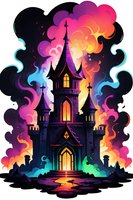 Mystical gothic castle silhouette against vibrant rainbow smoke background, glowing windows and spires create magical atmosphere for fantasy book covers and posters.