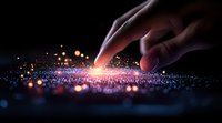 Finger touching glowing digital surface with light particles and bokeh effects creating magical technological interaction in dark environment.