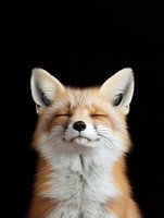 Red fox with closed eyes and peaceful expression on black background, wildlife portrait showing natural fur texture and serene facial features.