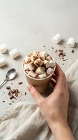Hand holding hot chocolate cup with marshmallows and cocoa powder on neutral background for cozy winter beverage concepts and seasonal marketing.
