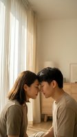 Young Asian couple sharing intimate moment with foreheads touching in warm sunlit bedroom for relationship and romance concepts.
