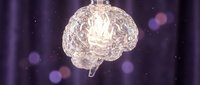 Glowing transparent brain with neural network patterns suspended against purple bokeh background for medical education and neuroscience concepts.