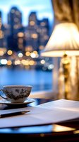 Cozy evening workspace with teacup, document and table lamp against blurred city lights and waterfront view. Atmospheric home office setting creates peaceful mood.