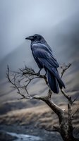 Majestic raven perched on bare branch against misty mountain backdrop, creating atmospheric mood for wildlife and nature photography.