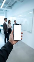 Hand holding smartphone with blank white screen in modern office with blurred business people in background for app mockup and digital presentation.