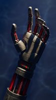Futuristic robotic prosthetic hand with red mechanical components against dramatic blue sky for technology and medical innovation concepts.