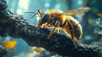 Macro close-up of honeybee with golden fuzzy body and transparent wings perched on dark tree bark branch against soft blurred natural background.