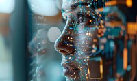 Digital profile silhouette with circuit patterns and glowing elements against blurred tech background, representing artificial intelligence and machine learning technology.