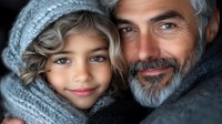 Heartwarming portrait of mature bearded man with gray hair and young girl wearing knit hat sharing tender moment together, expressing family bond and connection.