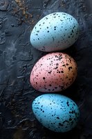 Colorful speckled eggs in blue and coral pink stacked vertically on dark textured background, perfect for Easter or spring season designs.