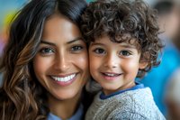 Happy Hispanic mother and curly-haired toddler son smiling together in warm family portrait showing love and bonding between parent and child.