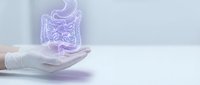 Medical professional hand presenting holographic digestive system anatomy model for healthcare education and gastroenterology consultation purposes.