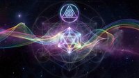 Sacred geometry symbols with flowing energy waves in cosmic space background featuring mystical triangular and circular patterns for spiritual design.
