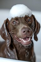 Playful brown dog with soap foam on head during bath time, showing happy expression with bright blue eyes and open mouth, close-up portrait.