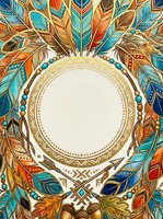 Ornate circular frame with decorative feathers in turquoise, orange, and gold tones surrounding blank white center space. Isolated design element ready for text, logos, or custom artwork on merchandise and print projects.