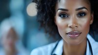 Young African American female healthcare professional wearing stethoscope and medical coat, confident expression, suitable for medical, wellness, and healthcare industry marketing.