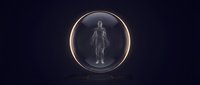 Holographic human figure glowing inside golden circular frame on dark background, representing medical technology, anatomy visualization, healthcare innovation, and digital human body scanning for medical education and futuristic health applications.
