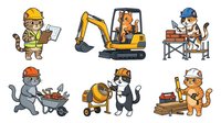 Cartoon construction workers and animals in hard hats with tools and equipment. Isolated clipart set ready for design projects, educational materials, and children's content applications.