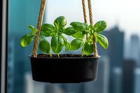Fresh basil plants growing in black hanging pot with rope against blurred urban window background, modern indoor herb gardening for kitchen and home decor.