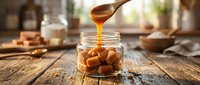 Golden caramel sauce being poured from wooden spoon into glass jar filled with caramel candies on rustic kitchen table for dessert preparation.