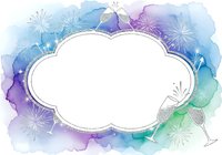 Watercolor cloud frame with dandelion flowers and fireworks in blue, purple, and green tones. Isolated design element ready for greeting cards, invitations, posters, and digital projects.