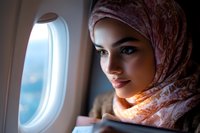 Young Middle Eastern woman in hijab looking through airplane window during flight, soft natural light illuminates her profile creating peaceful travel moment.