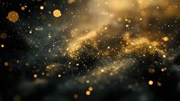 Magical golden glitter particles floating in dark space with bokeh light effects and shimmering dust creating dreamy atmospheric background.