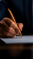 Close-up of businessman hand holding golden pen writing on document with dramatic lighting for contracts and professional correspondence.