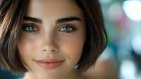 Young woman with bright blue eyes and short dark hair smiling warmly at camera in soft focus portrait with blurred bokeh background.