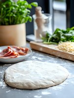 Fresh pizza dough rolled out on dark countertop with flour, pepperoni slices, shredded cheese and fresh herbs ready for homemade pizza preparation.