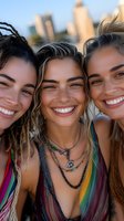 Three diverse young women taking selfie outdoors with city skyline background, smiling friends enjoying summer day together for social media content.