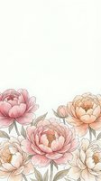 Watercolor peony flowers border frame with soft pink and peach blooms on light background for wedding invitations and feminine designs.