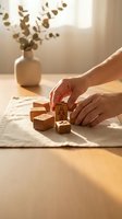 Hands arranging wooden blocks with symbols on table in warm natural light creating peaceful mindful atmosphere for meditation and self-reflection practices.
