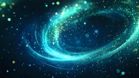 Glowing spiral of bright turquoise and blue light particles swirling in dark space with sparkling stars and bokeh effects creates magical cosmic atmosphere.