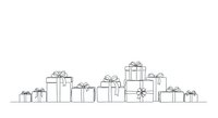 Assorted gift boxes with bows arranged in a row, isolated line art illustration suitable for holiday designs, greeting cards, and festive marketing materials.
