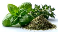 Fresh basil leaves and dried herbs on white background, showcasing contrast between vibrant green plant and ground seasoning for culinary use.