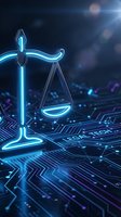 Digital justice scales glowing with neon blue light on futuristic circuit board background representing legal technology and cyber law enforcement.