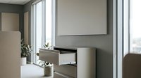 Modern minimalist living room interior with neutral beige furniture, large windows, natural light, contemporary home decor and clean architectural design.
