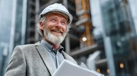 Senior construction manager with white hard hat and beard smiling at urban building site with modern architecture and crane in background.