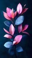 Vibrant pink and blue leaves on dark background create dramatic botanical composition with delicate veining and ethereal glow, suitable for modern wall art.