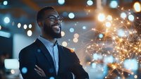 Young African American businessman smiling confidently with crossed arms against blurred bokeh lights and digital network visualization, modern corporate success concept.