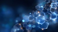 Glowing hexagonal molecular structure on dark blue background with bokeh effect and connected nodes representing scientific research and technology.