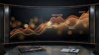 Professional curved monitor displaying dynamic financial data visualization with flowing wave patterns and analytics dashboard for business presentations.