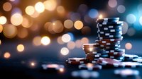 Stack of poker chips on dark surface with blurred bokeh lights in background, creating atmospheric casino gaming ambiance for gambling and entertainment concepts.
