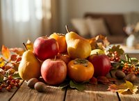 Autumn harvest display with fresh apples, pears, persimmons and seasonal decorations on rustic wooden table in warm sunlit kitchen interior.