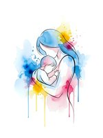 Mother holding newborn baby in tender embrace with colorful watercolor splashes on white background for maternity and parenting designs.