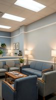 Modern medical office waiting room with comfortable blue seating, warm lighting and professional healthcare interior design for patient comfort.